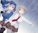  brown_hair fang glasses green_eyes grey_hair hair_ornament hair_over_one_eye hairpin heaven_burns_red holding_hands izumi_yuki_(heaven_burns_red) japanese_clothes kayamori_ruka kimono necktie one_eye_closed praying rain red_eyes school_uniform short_hair skin_fang uyuki_(ouun) 