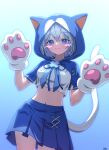  1girl absurdres animal_hands animal_hood blue_background blue_bow blue_bowtie blue_eyes blue_hood blue_skirt blush bow bowtie cat_hood cat_tail closed_mouth cowboy_shot cropped_shirt gloves gosegu gradient_background grey_hair hair_ornament hairclip highres hood midriff navel paw_gloves pleated_skirt rething shirt short_hair short_sleeves simple_background skirt solo tail virtual_youtuber waktaverse white_shirt 