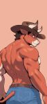 absurd_res anthro bodily_fluids bottomwear bovid bovine butt cattle clothing cowboy cowboy_hat denim denim_bottomwear denim_clothing hat headgear headwear hi_res humanoid jeans looking_at_viewer male mammal muscular nipples pants rear_view solo standing sweat temere_artifex