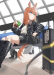 1girl absurdres airport animal_ears black_bag black_boots black_jacket black_shorts blue_eyes blunt_bangs boots commentary_request cup disposable_cup from_side fuyoko highres hime_cut holding holding_cup horse_ears horse_girl horse_tail jacket lace-up_boots leather leather_boots leather_jacket leather_shorts looking_to_the_side orange_hair ribbed_sweater shorts silence_suzuka_(umamusume) sitting solo suitcase sweater tail umamusume white_sweater 