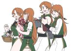  4girls alternate_costume basket black_bow bottle bouquet bow braid clone commentary_request cowboy_shot danna_(dng_satou) dress food frilled_wrist_cuffs frills from_side green_dress green_shirt green_vest hair_bow highres holding holding_basket holding_bottle holding_bouquet hong_meiling long_hair long_sleeves looking_at_another looking_at_object macaron missing_headwear multiple_girls multiple_persona muscular muscular_female mushroom no_pupils open_mouth orange_eyes pants sash shirt short_sleeves side_slit sideways_glance simple_background sleeveless sleeveless_dress sleeveless_shirt smile touhou vest waist_sash white_background white_pants white_shirt wrist_cuffs 