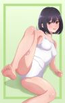  1girl akippoi_0919 barefoot black_hair breasts brown_eyes competition_school_swimsuit covered_navel feet_out_of_frame green_background highres leg_up one-piece_swimsuit original school_swimsuit short_hair small_breasts solo swimsuit two-tone_background white_one-piece_swimsuit 