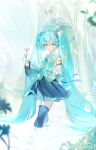  1girl absurdres aqua_eyes aqua_hair aqua_nails aqua_ribbon aqua_trim arm_tattoo black_skirt black_thighhighs blush breasts closed_mouth commentary_request detached_sleeves flower hair_between_eyes hair_ornament hatsune_miku hatsune_miku_(nt) headphones headset highres holding holding_flower kamatoyu long_hair long_sleeves medium_breasts miku_day number_tattoo piapro_studio pink_flower pleated_skirt ribbon shirt skirt sleeveless sleeveless_shirt smile solo tattoo thighhighs twintails very_long_hair vocaloid white_shirt wide_sleeves zettai_ryouiki 