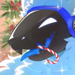 1:1 ambiguous_anthro ambiguous_gender anthro blue_body blue_fur blue_tongue bodily_fluids bust_portrait candy_cane_in_mouth famir fur machine open_mouth portrait protogen protogen_visor saliva saliva_string solo tongue tongue_out white_eyes