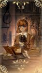  1girl ahoge ascot bilingual_commentary black_ascot blue_eyes book brown_hair chair commentary_request death_(tarot) duanxiaosheng1 english_commentary highres hod_(project_moon) holding holding_book indoors library_of_ruina looking_at_viewer medium_hair mixed-language_commentary on_chair open_book project_moon sitting solo tarot watermark 