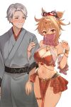  1boy 1girl absurdres b1ack_illust bare_shoulders blonde_hair blush bracelet breasts circlet cleavage commission cowboy_shot crop_top dancer detached_sleeves father_and_daughter genshin_impact gold_choker gold_trim grey_kimono grin hair_ornament hand_up highres japanese_clothes jewelry kimono large_breasts locked_arms long_hair looking_at_viewer midriff mouth_veil naganohara_ryuunosuke navel necklace no_panties o-ring orange_eyes pelvic_curtain pixiv_commission ponytail red_skirt revealing_clothes simple_background skirt sleeveless smile stomach thighlet thighs veil white_background yoimiya_(genshin_impact) 