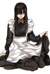  1girl apron black_dress black_hair brown_legwear clothes_lift dress dress_lift glasses grey_eyes highres hoshi_san_3 jimiko long_dress long_sleeves looking_at_viewer maid maid_apron mole mole_under_eye mole_under_mouth original pantyhose parted_lips semi-rimless_eyewear simple_background sitting solo under-rim_eyewear wariza white_apron white_background 