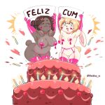 anthro big_breasts big_butt blonde_hair braided_hair braided_ponytail breasts brown_body brown_hair butt cake chibi clothing collar dasblue_in dessert duo eyes_closed female fiora_(melleacomic) food genitals gloves green_eyes hair handwear happy happy_birthday heart_symbol hi_res lagomorph latex latex_clothing latex_gloves latex_handwear latex_legwear latex_stockings legwear leporid lingerie long_ears looking_at_viewer mammal mellea_(melleacomic) open_mouth pasties ponytail pop_out_cake rabbit scut_tail short_tail sibling_(lore) sister_(lore) small_breasts smile stockings tail tan_body vulva wide_hips