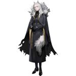  1girl animal_ears arknights black_cape black_dress black_gloves black_jacket black_pantyhose black_shoes buttons cape double-breasted dress fur-trimmed_cape fur_trim gloves grey_eyes grey_hair hands_on_own_stomach high_collar holding_own_hand iris_yi jacket jewelry long_hair long_skirt looking_at_viewer looking_to_the_side official_art old old_woman pantyhose pendant shoes signora_sicilia_(arknights) skirt solo tachi-e tail third-party_source torn_cape torn_clothes transparent_background wolf_ears wolf_tail 