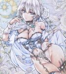  1girl absurdres alternate_costume belt belt_collar blue_bra blue_cape blue_eyes bow bra braid breasts cape cleavage collar colored_pencil_(medium) commentary_request crescent dated flower green_bow grey_hair hair_bow highres izayoi_sakuya knife large_breasts lingerie long_hair looking_at_viewer monety navel pocket_watch rose sheath sheathed signature solo thigh_belt thigh_strap touhou traditional_media twin_braids underwear watch white_flower white_rose 