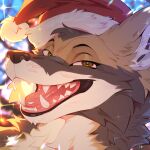 ambiguous_anthro ambiguous_gender anthro brown_body brown_fur bust_portrait cheek_tuft christmas christmas_clothing christmas_headwear clothing facial_tuft famir fangs front_view fur glistening glistening_eyes green_eyes hat head_tuft headgear headwear holidays looking_at_viewer narrowed_eyes neck_tuft open_mouth open_smile pink_tongue portrait santa_hat smile solo sparkles teeth tongue tuft white_body white_fur