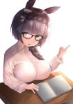  1girl alternate_costume black_hair book braid breast_rest breasts cleavage commentary_request desk glasses highres horse_girl long_braid long_hair looking_at_viewer open_mouth side_braid simple_background solo umamusume user_xdfp5788 white_background zenno_rob_roy_(umamusume) 