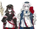  2girls animal_ears arknights bear_ears bear_girl black_choker black_hat black_jacket black_pantyhose black_sailor_collar black_shirt blue_cape blue_eyes blue_hair blue_hat blue_necktie brown_hair cape choker closed_mouth coat commentary_request cowboy_shot dress hair_between_eyes hat heterochromia jacket long_hair long_sleeves looking_at_viewer multicolored_hair multiple_girls necktie off_shoulder ok_o_o open_clothes open_jacket pantyhose peaked_cap pleated_skirt red_eyes red_hair red_pantyhose rosa_(arknights) sailor_collar shirt simple_background sketch skirt smile streaked_hair very_long_hair white_background white_dress white_hair white_skirt zima_(arknights) 