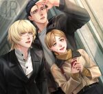  1girl 2boys alternate_costume alternate_hairstyle artist_logo badeni bag black_eyes black_hair black_jacket blonde_hair blue_eyes braid braided_ponytail brown_eyes brown_hair buttons cellphone chi.:_chikyuu_no_undou_ni_tsuite commentary_request contemporary height_difference high_collar highres holding holding_phone iorbtyn jacket jolenta logo long_hair medium_hair multiple_boys oczy open_clothes open_jacket open_mouth phone shirt shoulder_bag smartphone suit_jacket white_shirt 