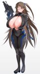  1girl absurdres alternate_breast_size_(larger) areola_slip assault_rifle black_bodysuit blue_archive bodysuit bow breasts brown_eyes brown_hair bullpup cleavage commentary_request commission cosplay covered_nipples fn_f2000 glasses gradient_background gun hair_between_eyes hair_bow highres holding holding_weapon huge_breasts kazakiri_hyouka long_hair navel one_eye_closed pixiv_commission rifle rio_(armed)_(blue_archive) rio_(blue_archive) satoyama_meu sidelocks simple_background solo standing toaru_majutsu_no_index very_long_hair weapon white_background 