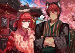  1boy 1girl animal_ears animal_on_head architecture black_hair blue_sealad blush braid cherry_blossoms closed_mouth crossed_arms east_asian_architecture falling_petals green_eyes grin hair_between_eyes hair_ornament haori highres japanese_clothes kimono komano_manato long_hair long_sleeves looking_at_viewer mouth_hold multicolored_hair on_head outdoors petals pink_kimono red_eyes red_hair scar scar_on_arm scar_on_face short_hair sky smile spoken_blush stalk_in_mouth tree ukinami_yuzuha upper_body wide_sleeves wolf_boy wolf_ears zenless_zone_zero 