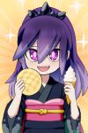  1girl black_kimono bread commentary food highres holding holding_food holding_ice_cream_cone hyakkihime ice_cream_cone japanese_clothes kimono long_hair looking_at_viewer melon_bread open_mouth purple_eyes purple_hair solo sparkle teeth upper_body upper_teeth_only user_nfmx7434 youkai_(youkai_watch) youkai_watch 