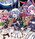  6+girls @_@ animal_ears belt black_hair black_jacket blazer blue_hair blush building collared_shirt commentary_request dress earth_(planet) flag gun hands_on_hilt highres holding holding_gun holding_weapon jacket kabaji knife long_sleeves moon_rabbit_extra_(touhou) multiple_girls open_mouth outdoors pink_belt pink_hair planet pleated_skirt ponytail rabbit_ears rabbit_girl rabbit_tail red_dress red_eyes reisen_(touhou_bougetsushou) rifle running sheath sheathed shirt single_strap skirt sunglasses sweat sword tail touhou traditional_media watatsuki_no_yorihime weapon weapon_request white_shirt white_skirt 