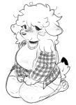 anthro big_breasts black_eyes black_tip_tail blush bottomwear breasts clothing coat collared_shirt female floppy_ears fluffy full-length_portrait hair hi_res kneeling looking_at_viewer mammal messy_hair mustelid musteline nessie_(nessiemooo) nessiemooo on_lap pawpads plaid pockets portrait shirt short_tail shorts sitting sketch smile solo stoat tail thick_thighs topwear true_musteline weasel