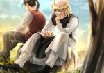  2boys artist_logo badeni belt black_belt black_hair black_pants black_shoes black_tabard blonde_hair chi.:_chikyuu_no_undou_ni_tsuite eyepatch full_body hand_on_own_face highres holding holding_magnifying_glass iorbtyn jacket logo magnifying_glass male_focus medium_hair multiple_boys oczy open_mouth outdoors pants ponytail red_jacket scar scar_on_face scar_on_lip scar_on_mouth scar_on_nose shirt shoes sitting sky tabard tonsure white_shirt 