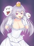  1girl :d absurdres boo_(mario) breasts choker claw_pose cleavage collarbone commentary_request double-parted_bangs dress elbow_gloves frilled_choker frilled_gloves frills genderswap genderswap_(otf) gloves gradient_background hair_between_eyes hands_up highres large_breasts long_hair looking_at_viewer low_neckline luigi's_mansion mario_(series) new_super_mario_bros._u_deluxe princess_king_boo purple_background purple_eyes sharp_teeth smile solo super_crown teeth tongue tongue_out upper_body white_choker white_dress white_gloves white_hair wrightia 