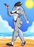 2025 5_fingers 5_toes abs absurd_res anthro beach bikini biped black_bikini black_clothing black_footwear black_lipstick black_mask black_sandals black_swimwear blue_sclera breasts clothing cloud container cup day digital_drawing_(artwork) digital_media_(artwork) drinking_glass fangs feet felid female fingers footwear fur glass glass_container glass_cup grey_body grey_fur hair hi_res holding_container holding_cup holding_drinking_glass holding_object lipstick makeup mammal mask muscular muscular_anthro muscular_female navel outside prehistoric_species ring_cats roboticsteve saber-toothed_tiger saber_(roboticsteve) sabertooth_(anatomy) sand sandals scut_tail shoes short_tail sky solo sports_mask sportswear striped_body striped_fur stripes sun swimwear tail teeth toes two-piece_swimsuit water white_body white_fur white_hair wrestling_mask yellow_teeth
