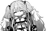  1girl anchorage_(azur_lane) azur_lane chibi cleavage_cutout close-up clothing_cutout eyebrows_visible_through_hair greyscale hair_between_eyes hair_ornament hori_(hori_no_su) long_hair long_sleeves looking_to_the_side midriff monochrome navel one_eye_closed outstretched_arms simple_background solo spread_arms stomach twintails white_background 