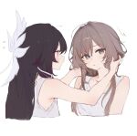  2girls alternate_costume armpit_crease black_hair blush brown_hair collarbone columbina_(genshin_impact) commentary contemporary cropped_torso flying_sweatdrops genshin_impact hair_ornament hashtag-only_commentary head_tilt head_wings highres holding_another's_hair long_hair multicolored_hair multiple_girls multiple_wings purple_eyes purple_hair purple_streaks sandrone_(genshin_impact) shirt short_hair simple_background sleeveless sleeveless_shirt streaked_hair sui_h2so two-tone_hair unusually_open_eyes very_long_hair white_background white_shirt white_wings wing_hair_ornament wings yuri 