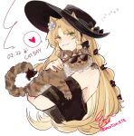  1girl :3 animal animal_ears arknights black_hat blonde_hair brown_cat cat cat_day closed_mouth commentary_request drill_hair drill_sidelocks ears_through_headwear ete_(vacation_ete) fangs flower green_eyes hair_flower hair_ornament hat heart highres holding holding_animal holding_cat long_hair looking_at_viewer sidelocks signature smile solo spoken_heart sunglasses swire_(arknights) swire_the_elegant_wit_(arknights) upper_body white_background 
