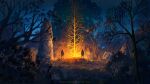  2boys bare_tree branch bush commentary english_commentary forest glowing_tree highres landscape leaf multiple_boys nature night original outdoors painterly pillar scenery sky standing star_(sky) starry_sky sylvain_sarrailh tree web_address 