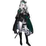  arknights arm_at_side arm_under_breasts belt black_boots black_cape boots braid cape closed_mouth expressionless full_body garrison_cap green_cape grey_eyes hat highres low_twin_braids military_uniform official_art pants pants_tucked_in philippa_(arknights) ryuuzaki_ichi scabbard sheath snow_leopard_ears snow_leopard_girl snow_leopard_tail solo standing sword tachi-e thigh_belt thigh_strap third-party_source tight_clothes tight_pants transparent_background twin_braids two-tone_cape weapon white_hair 