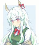  1girl bow bowtie breasts bright_pupils brown_cardigan cardigan closed_mouth collared_shirt ex-keine fanxiaotu green_streaks green_vest highres horn_bow horn_ornament horns kamishirasawa_keine long_hair long_sleeves medium_breasts multicolored_hair off_shoulder red_bow red_bowtie red_eyes shirt solo streaked_hair touhou upper_body vest white_hair white_pupils white_shirt 