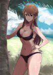  1girl absurdres bangs bikini black_bikini blue_eyes breasts brown_hair cleavage cowboy_shot eyebrows_visible_through_hair hand_on_hip highres idolmaster idolmaster_million_live! large_breasts long_hair ms_rinmoku navel outdoors shadow sketch smile solo standing swept_bangs swimsuit tokoro_megumi tree 