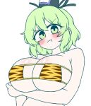  1girl :t animal_print arm_under_breasts bikini black_hat blush breasts brown_bikini cleavage closed_mouth commentary dot_nose frown green_eyes green_hair hair_between_eyes hat huge_breasts ketsumaimo looking_at_viewer pout short_hair simple_background soga_no_tojiko solo swimsuit tate_eboshi tiger_print touhou upper_body v-shaped_eyebrows white_background yellow_bikini 