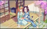  2girls absurdres animal_ears architecture bag bangs barefoot bh_zhu_baihe_hua braid breasts brown_hair cherry_blossoms chinese_commentary commentary_request cup east_asian_architecture eyebrows_behind_hair eyebrows_visible_through_hair food green_eyes hair_ribbon highres holding holding_plate horse_ears horse_girl japanese_clothes kimono multicolored_hair multiple_girls open_mouth orange_hair outdoors partial_commentary petals plate purple_eyes ribbon school_bag seiza shadow silence_suzuka_(umamusume) silver_hair sitting special_week_(umamusume) tatami tea teacup umamusume yukata yuri 