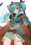  1girl absurdres alternate_hairstyle blue_eyes blue_hair cape cosplay earrings eirika_(fire_emblem) ephraim_(fire_emblem) ephraim_(fire_emblem)_(cosplay) fire_emblem fire_emblem:_the_sacred_stones fire_emblem_heroes gloves gonzarez highres jewelry long_hair looking_at_viewer official_alternate_costume ponytail simple_background smile thighhighs weapon white_background 