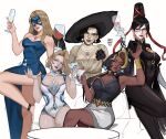  5girls alcina_dimitrescu artist_name bare_arms bare_shoulders bayonetta bayonetta_(series) black_bodysuit black_gloves black_hair black_hat black_shirt blonde_blazer blonde_hair blue_dress blue_lips blue_mask blue_nails bodysuit breasts champagne_flute chest_jewel choker cleavage cleavage_cutout closed_mouth clothing_cutout cocktail_glass commentary cow crossed_legs cup dark-skinned_female dark_skin dispatch domina_(overwatch) dress dress_flower drinking_glass earrings emma_frost english_commentary eye_mask fingernails flower glasses gloves gold_bracer gold_earrings hair_ribbon hat highres holding holding_cup jewelry large_breasts leotard long_fingernails long_hair marvel marvel_rivals mask medium_breasts multicolored_hair multiple_girls nail_polish nakoneart necklace overwatch pale_skin parted_bangs parted_lips pearl_earrings pearl_necklace red_lips red_ribbon resident_evil resident_evil_village ribbon shirt short_hair side_slit single_bracer sitting skirt strapless strapless_dress sun_hat swept_bangs tall_female trait_connection triangle_earrings two-tone_hair updo white_background white_choker white_dress white_gloves white_leotard white_skirt wide_brim wine_glass 
