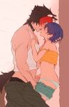  08leiya 1boy 1girl after_kiss animal_ears belle_(zenless_zone_zero) black_collar black_hair black_male_underwear blue_hair blue_panties blue_shorts blush closed_eyes clothed_sex clothes_pull collar commentary_request dog_boy dog_ears dog_tail facing_another green_pants hand_on_another's_chest hand_on_another's_head handjob hetero highres komano_manato male_underwear multicolored_hair muscular muscular_male open_mouth orange_tank_top panties pants pants_pull panty_pull penis precum red_hair saliva saliva_trail scar scar_on_arm short_hair shorts strap_slip sweat tail tank_top two-tone_hair underwear white_tank_top zenless_zone_zero 