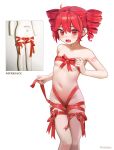  1girl absurdres alternate_costume blush breasts commentary drill_hair fang feet_out_of_frame highres kasane_teto naked_ribbon navel number_tattoo open_mouth photo-referenced photo_inset red_eyes red_hair red_ribbon reference_inset revealing_clothes ribbon short_hair simple_background skin_fang small_breasts solo tattoo twin_drills twitter_username utau vrabius white_background 