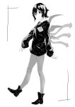  1girl absurdres ankle_boots asymmetrical_wings boots closed_mouth collared_shirt from_side greyscale highres houjuu_nue long_sleeves looking_at_viewer looking_to_the_side monochrome necktie pantyhose reiga_(act000) shirt smile solo standing sweater touhou wing_collar wings 