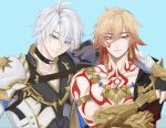 2boys antenna_hair arm_on_another's_shoulder arm_tattoo armlet armor black_choker black_coat black_gloves black_shirt blonde_hair blue_background blue_eyes braid chest_tattoo choker clawed_gauntlets coat earrings facial_tattoo fingerless_gloves gloves gold_earrings gold_necklace gradient_hair hashtag-only_commentary highres honkai:_star_rail honkai_(series) jewelry male_focus medium_hair multicolored_hair multiple_boys mydei_(honkai:_star_rail) neck_tattoo necklace open_clothes open_coat parted_bangs pauldrons phainon_(honkai:_star_rail) red_hair red_tattoo shirt short_hair shoulder_armor side_braid single_pauldron tattoo white_coat white_hair yellow_eyes you750h0 