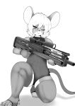 2024 4_toes 5_fingers anthro biped buckteeth claws clothed clothed_anthro clothed_female clothing digital_media_(artwork) eyelashes feet female female_anthro finger_claws fingerless_gloves fingers front_view fur gloves greyscale gun hair hairless_tail handwear hi_res holding_gun holding_object holding_ranged_weapon holding_rifle holding_weapon humanoid_hands japanese_description kneeling legwear leotard mako_030201 mammal monochrome mouse murid murine one_eye_closed plantigrade ranged_weapon rifle rodent simple_background solo stirrup_legwear teeth thigh_highs toes wa2000 weapon