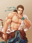  1boy abs bara bare_pectorals beard bihu_(smallpot88) blue_pants facial_hair feet_out_of_frame finger_to_own_chin hadanugi_dousa japanese_clothes kimono large_pectorals male_focus mature_male muscular muscular_male navel nipples original pants pectorals short_hair short_kimono solo stomach thick_eyebrows tied_hair white_kimono wind 