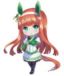  1girl :o animal_ears asymmetrical_footwear black_pantyhose black_shoes chibi chibi_only commentary ear_covers full_body green_eyes hair_ornament hairband horse_ears horse_girl horse_tail juliet_sleeves long_hair long_sleeves looking_at_viewer mirimo mismatched_footwear orange_hair pantyhose puffy_short_sleeves puffy_sleeves shirt shoes short_sleeves signature silence_suzuka_(innocent_silence)_(umamusume) silence_suzuka_(umamusume) simple_background skirt solo tail umamusume white_background white_hairband white_shirt white_shoes white_skirt 