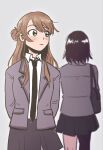  2girls bag black_hair black_necktie black_skirt braid brown_hair closed_mouth collared_shirt commentary grey_background grugby half_up_braid highres long_hair medium_hair miyagi_shiori multiple_girls necktie school_bag school_uniform sendai_hazuki shirt shuuniichido_classmate_wo_kau_hanashi simple_background skirt white_shirt 
