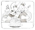  ^w^ anthro birthday birthday_cake blush blush_lines cake clothed clothing crown dessert duo felid feline food gesture hand_gesture happy headgear hi_res lagomorph leporid male male/male mammal open_mouth rabbit ritabako65179 smile standing tail thumbs_up v_sign 