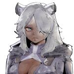  1girl animal_ear_fluff animal_ears black_cape blue_eyes blue_shirt breasts cape cleavage cleavage_cutout closed_mouth clothing_cutout commentary commission dark-skinned_female dark_skin dungeons_&amp;_dragons english_commentary grey_hair hair_over_one_eye highres large_breasts looking_at_viewer medium_hair miregeist one_eye_covered parted_bangs serious shirt simple_background solo tiger_ears tiger_girl upper_body white_background 