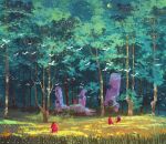  4others bird boulder cloak commentary day english_commentary field flock forest grass landscape multiple_others nature original outdoors painterly pillar red_cloak scenery sylvain_sarrailh tree web_address 