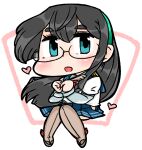  1girl absurdres black_hair blue_sailor_collar blue_skirt clothing_cutout commentary_request cyama_land full_body glasses green_eyes grey_thighhighs heart highres hip_vent invisible_chair kantai_collection long_hair looking_at_viewer ooyodo_(kancolle) pleated_skirt quill sailor_collar sitting skirt solo thick_eyebrows thighhighs 