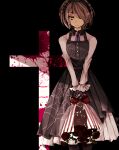  1girl bangs black_background black_dress black_gloves black_legwear blonde_hair blood blood_splatter blue_neckwear bow commentary_request danganronpa_(series) danganronpa_v3:_killing_harmony dress eyebrows_visible_through_hair feet_out_of_frame flower gloves gomabu_(rirurutennsi) green_eyes hair_over_one_eye holding lace-trimmed_dress lace_trim long_sleeves looking_at_viewer maid_headdress necktie pantyhose red_bow red_flower shirt short_hair simple_background solo spider_web_print standing toujou_kirumi v_arms white_shirt 